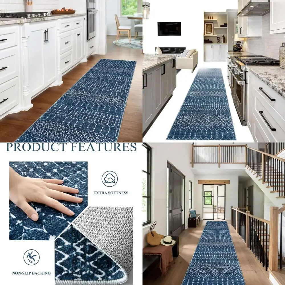 

Washable 2x8ft Geometric Kitchen Runner, Non-Slip Indoor Rug for Hallway, Entryway, Laundry Room, Blue