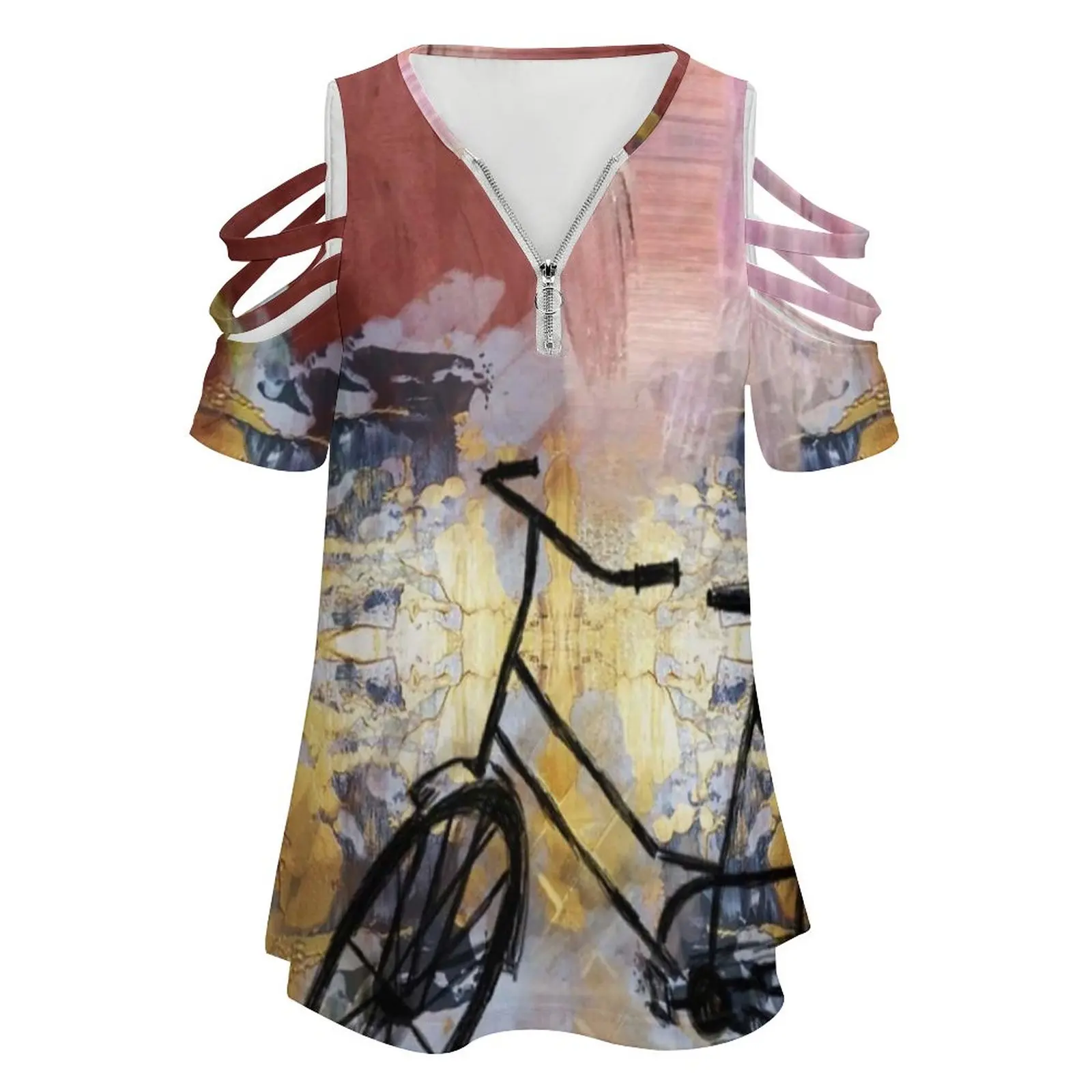 Bicycle Women's T-Shirt Summer Fashion Print Floral V-Neck Zipper Tshirt Hollow Pullover Ladies Top Bicycle Golden Abstract