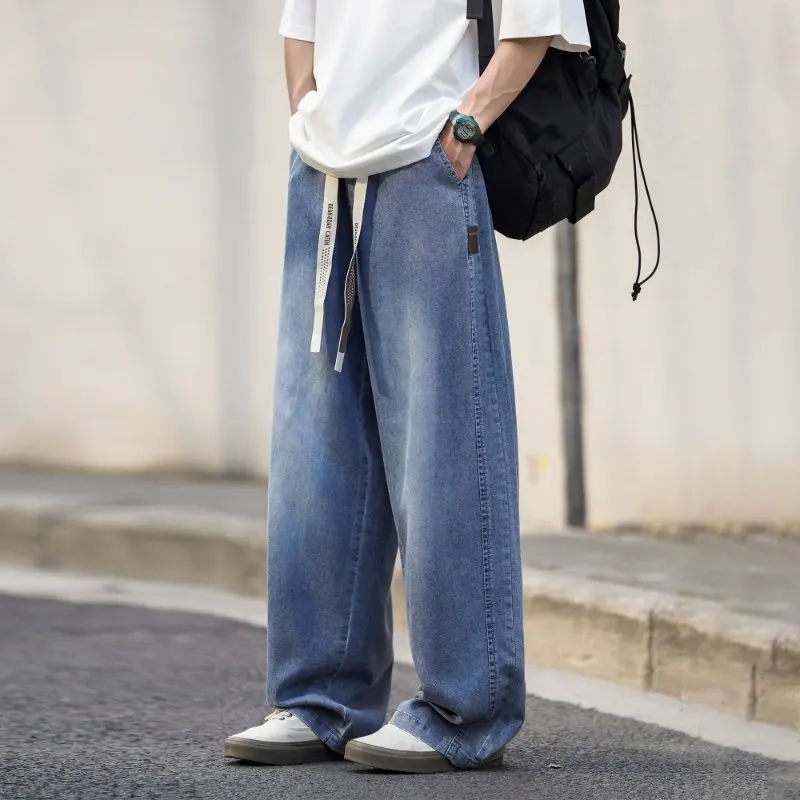 

Summer Lyocell fabric Wide Leg Washing Jean Flap Pockets Lightweight Cargo Pants Men Street Trousers Loose Casual Thin Pant Big