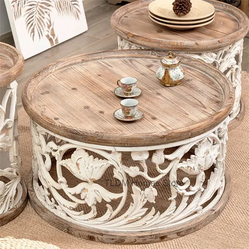 

Modern Solid Wood Round Coffee Tables For Creative Retro Carved Homestay Sofa Side Table Living Room Furniture Home End Table