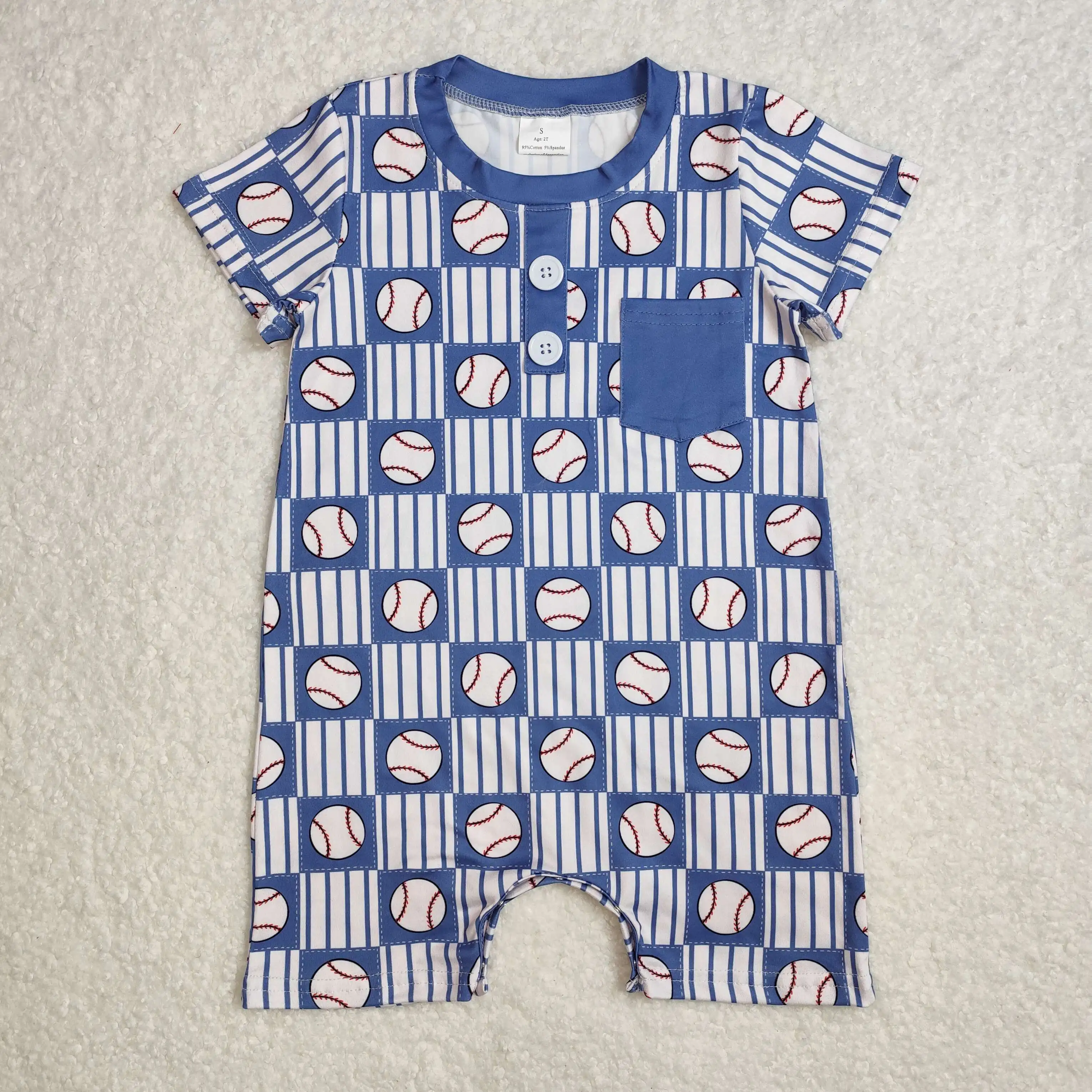 

3.7 yan New rts baby boys summer rompers wholesale boutique baseball pattern blue pocket striped plaid short sleeve boys onesie