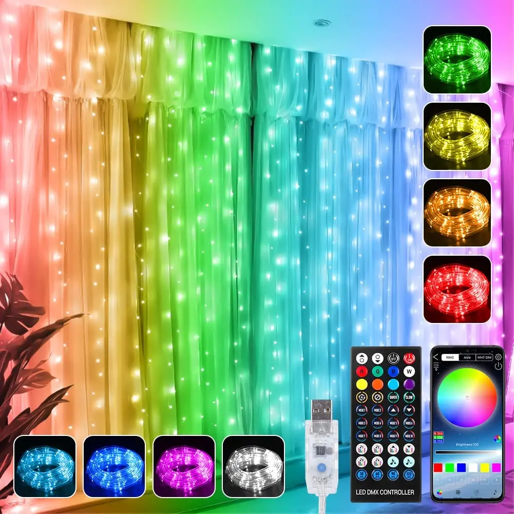 RGB LED الستار أضواء لعيد الميلاد الديكور ، أضواء سلسلة الجنية مع التحكم التطبيق الذكية ، إكليل لحفل الزفاف ، داخلي وخارجي