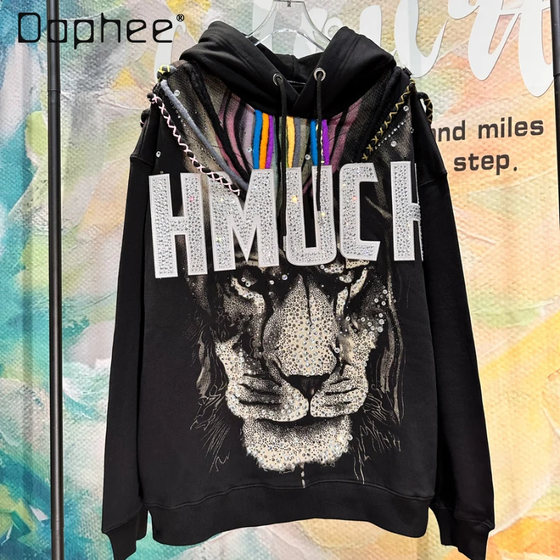 

Y2K Luxury Diamonds Dreadlocks Hoodie Woman Hip-Hop Streetwear Cool American Hot Drilling Tiger Head Mid-Length Hoodies for Men