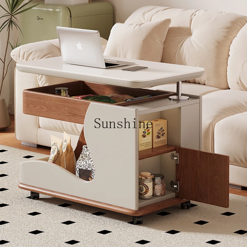 Movable lifting coffee table Household multi-functional sofa with pulley cart Solid wood edge table