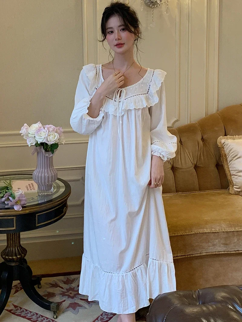 French Nightgown for Women Autumn Princess Cotton Sleepwear Long Sleeve Loose Home Clothes Victorian Nightdress Loungewear