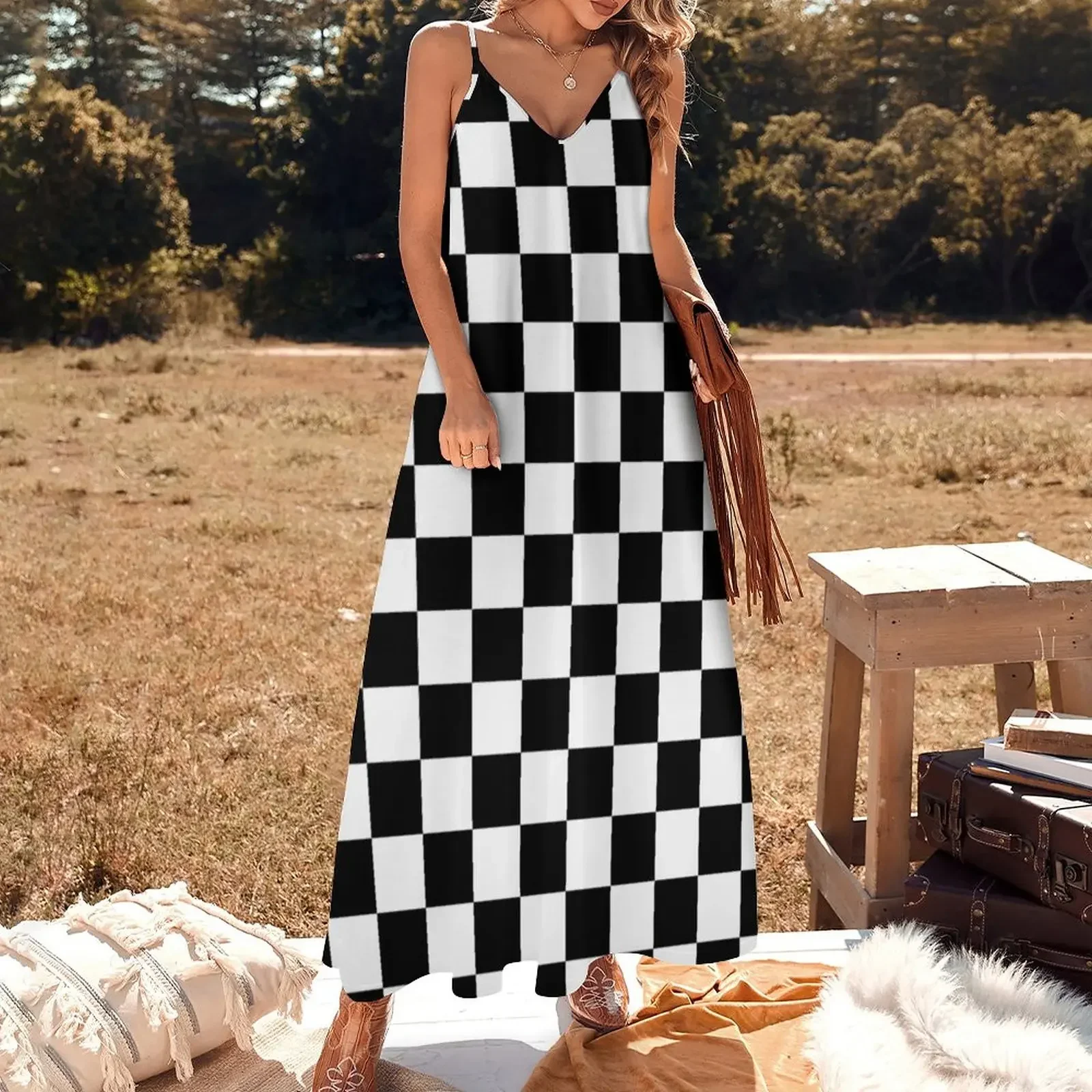 Ska Checkerboard Sleeveless Dress dress korean style dress party evening elegant luxury celebrity Women long