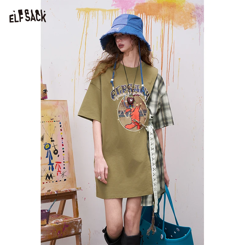 

ELFSACK Olive Green Plaid Patchwork T-Shirt Dress, Loose Midi Knit Stitching Vestido, Casual Lace-up Belted Streetwear Bottom