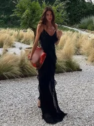 Vestido largo de seda Real para mujer, traje elegante de gasa sin mangas con tirantes, color negro, 2024