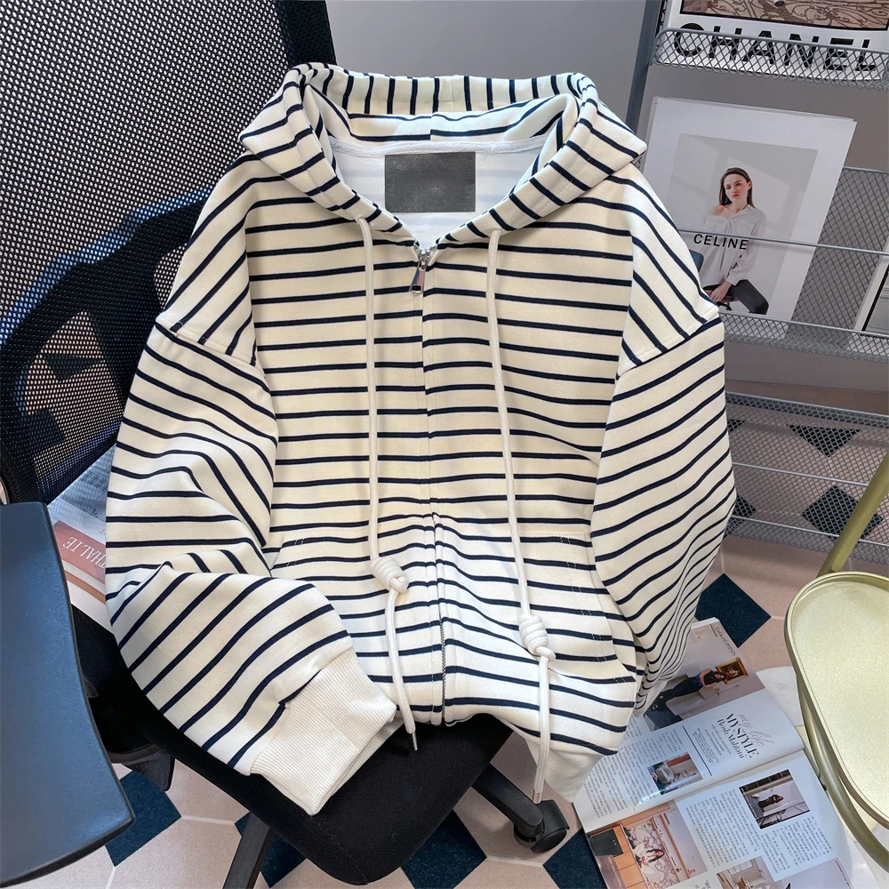 Color Blocking Striped Hooded Sweatshirt Korean Lazy Style Long Sleeved Cardigan Women Autumn Casual Versatile Oversized Jacket