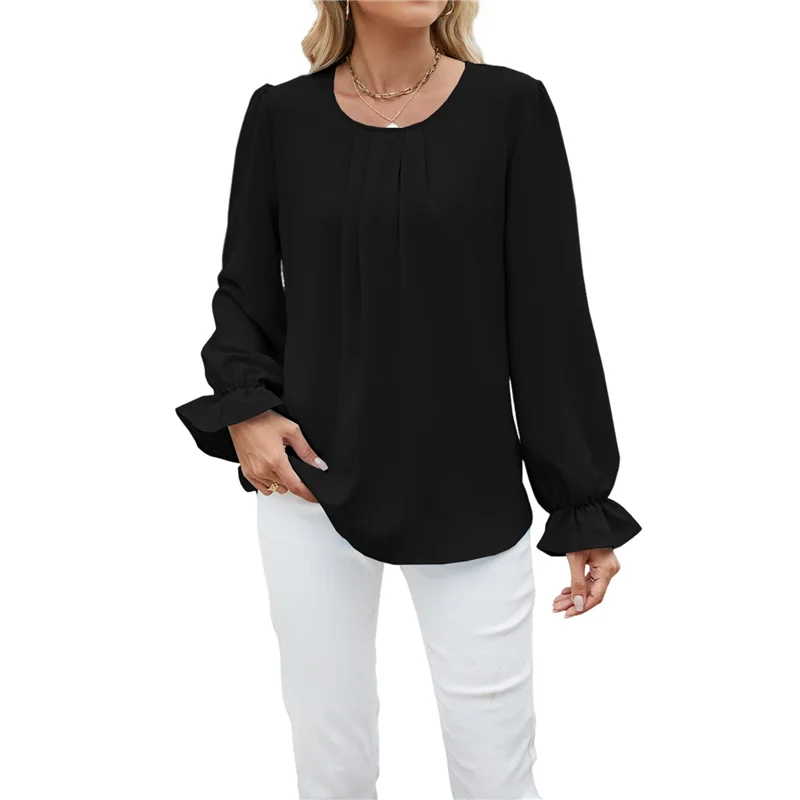 

ABRT-Женская однотонная свободная шифоновая рубашка с круглым вырезом и длинными рукавами, модный и элегантный пуловер, топы