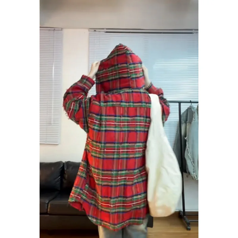 Red Checkered Shirt American Retro Christmas Loose Fit Distressed Hooded Long Sleeved Shirt Autumn Winter Versatile Jacket