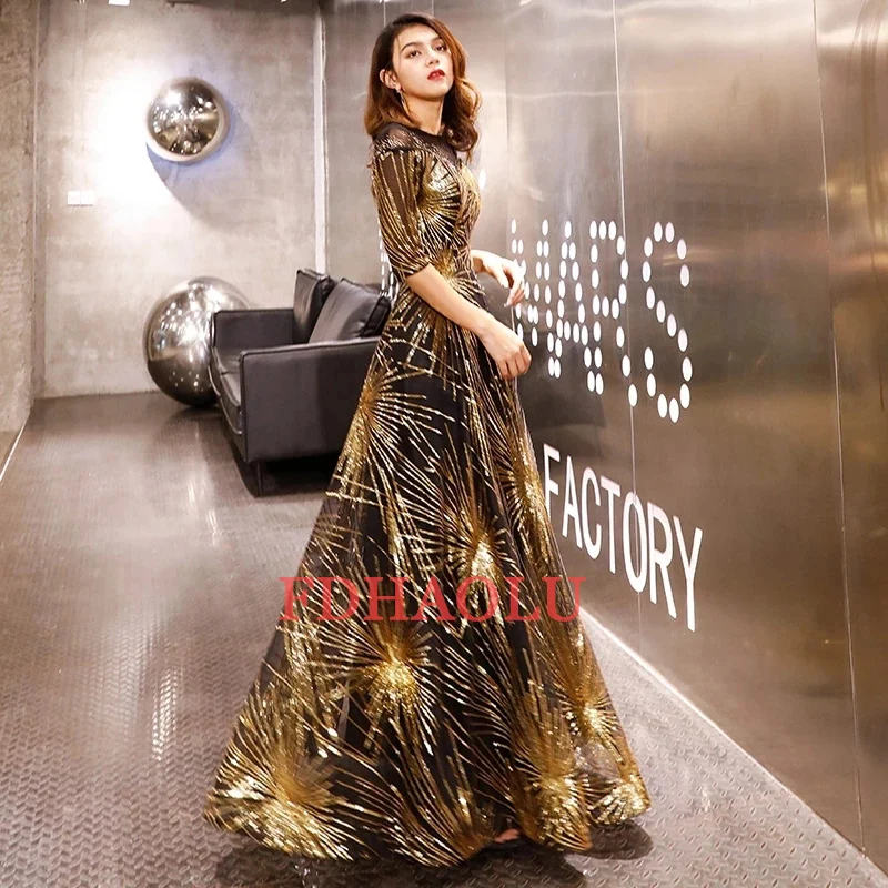 Robe de soirée à paillettes dorées personnalisées, col rond en cristal, longueur au sol, noir, queWhatever RU56, 2024