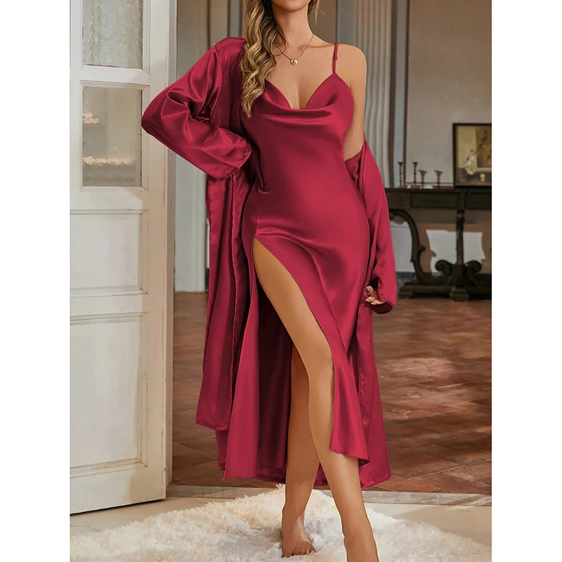 Minimalist Solid Color Pajama Set Long Robe with Low Back Slit Hem Camisole Nightgown All Season Loungewear