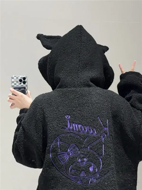 Sanrio Anime Kuromi Kleidung Frauen Schwarz Stickerei Hoodies Y2k Tops Herbst Winter Dünne Mantel Weibliche Mode Lose Sweatshirt – Detail 3