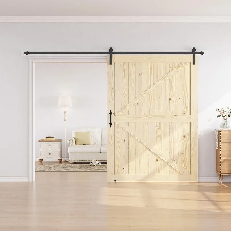 Раздвижная дверь сарая 60 x 84 дюйма с комплектом фурнитуры для дверей сарая длиной 10 футов в комплекте, незаконченная дверь из массива ели, сборка