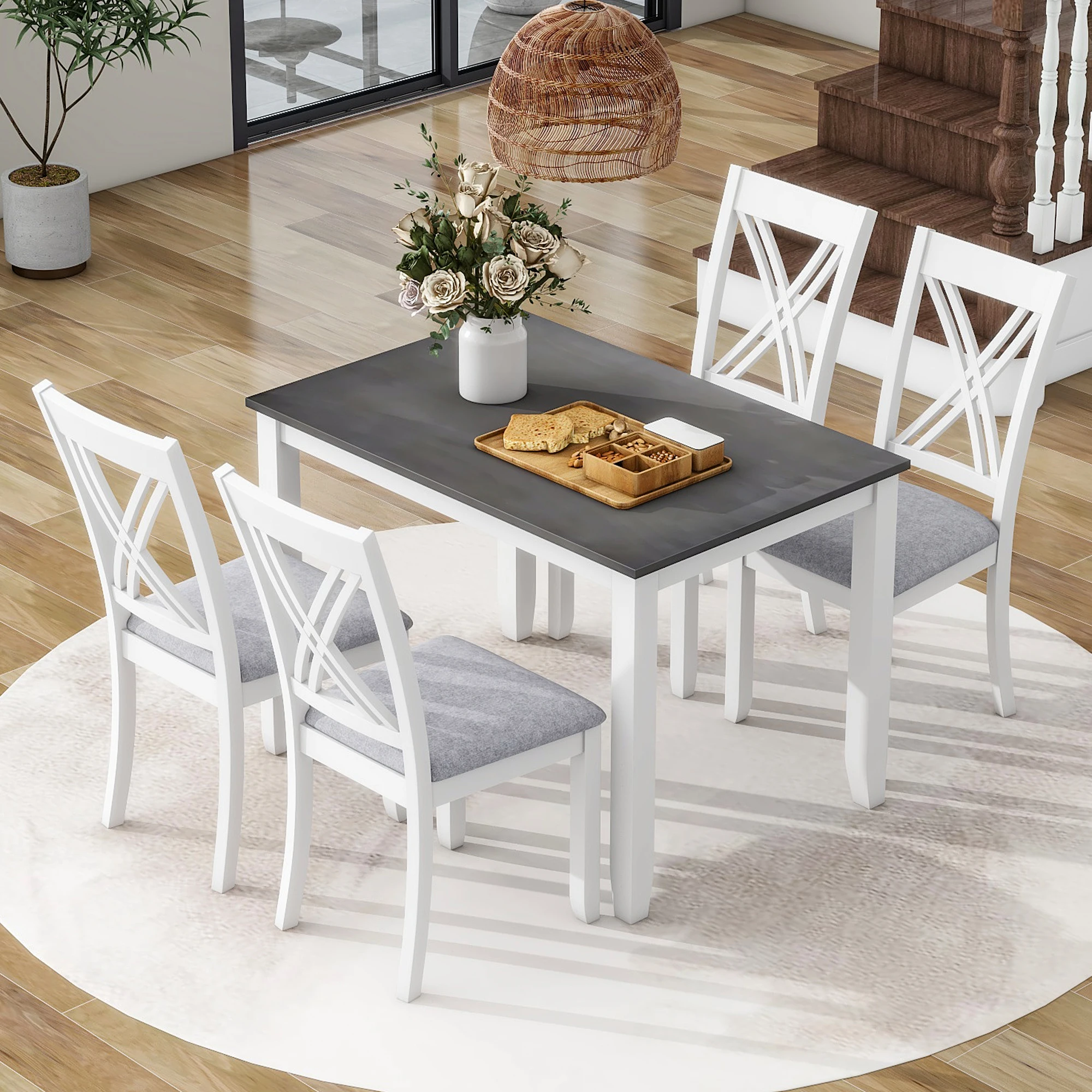 

TOPMAX Rustic Minimalist Wood 5-Piece Dining Table Set with 4 X-Back Chairs for Small Places