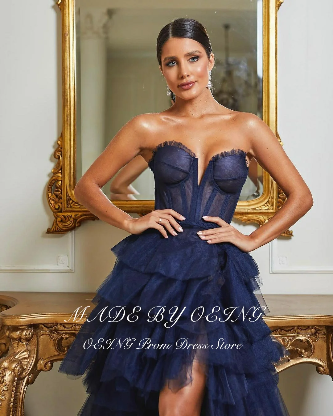 OEING Glitter Navy Blue Tulle Long Prom Dresses Sexy Side Split Applique Strapless V Neck Party Dress 2024 Women Evening Gowns