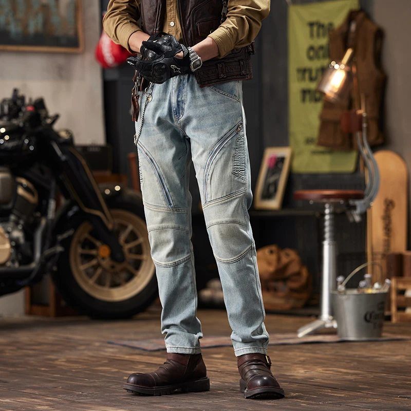 Retro Jeans Men's Motorcycle High-End Fashion Slim-Fitting Cool Craft Stitching Motorcycle Distressed Skinny Trousers