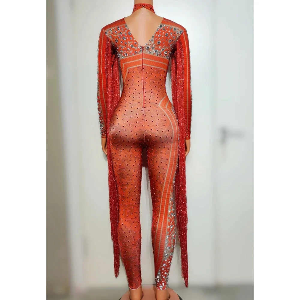 Combinaison à Franges Rouges avec Strass pour Femme, Costume de brevSexy, Tenue de Scène, Soirée, Anniversaire