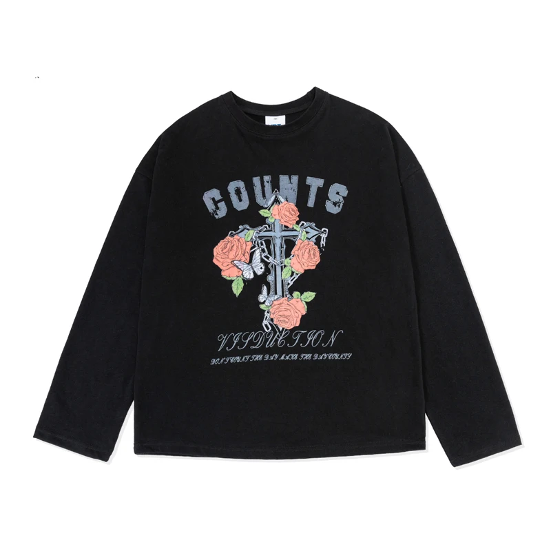 Men Autumn Long Sleeve T-Shirt Cross Rose Butterfly Graphic Print Casual Loose Fit Streetwear Hip Hop Harajuku Vintage Tee Tops
