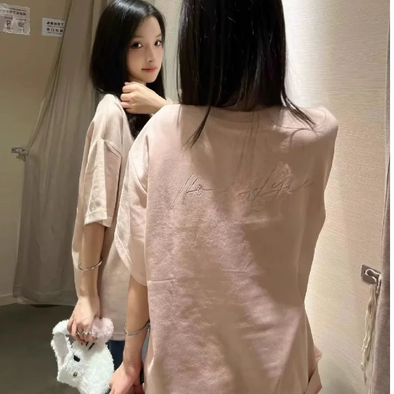 Embroidered Letter Suede Short Sleeve T-Shirt Women Summer New Popular Design Half Sleeve Couple Tops Sweet Style Loose Fit