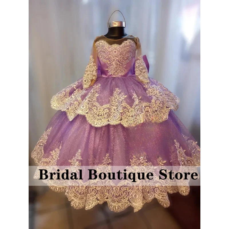 Lilac Children's Gala Dress Long Sleeves Flower Wedding Party Ball Gowns Festive for Girls Evening Dress Customized
