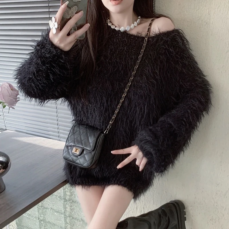 Elegant Women Fluffy Short Dress Autumn Winter Warm Lantern Long Sleeve Sweater Dresses Imitation Mink Velvet Long Sweaters