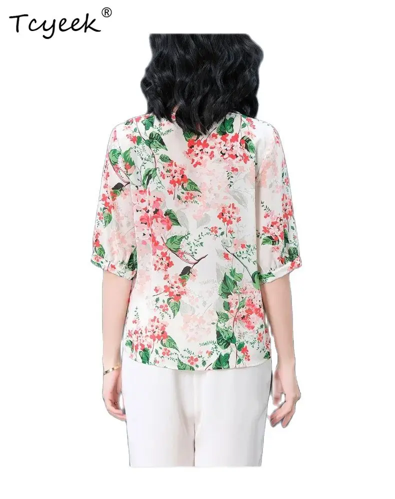 

Tcyeek, 100%Natural Silk OL Shirts, Women O Neck Short Sleeve Floral, Elegant Mom Satin Blouses, 2024 Summer New Tops T44457QM