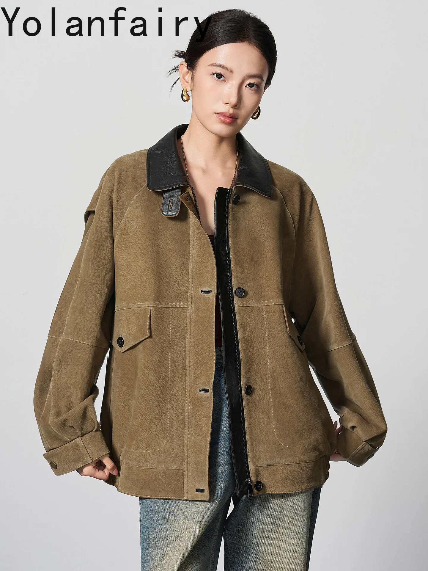 YOLANFAIRY Oversized Suede Goatskin Genuine Leather Jacket Women 2026 High-end Woman Leather Coats Biker Womens Clothing 가죽자켓