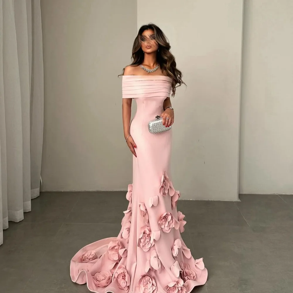 

Satin Evening Dress For Sexy Women 정장원피스 Vestidos de festa Elegant Off Shoulder 3D Appliques Floor-Length Cocktail Prom Gown