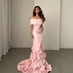 Satin Evening Dress For Sexy Women 정장원피스 Vestidos de festa Elegant Off Shoulder 3D Appliques Floor-Length Cocktail Prom Gown