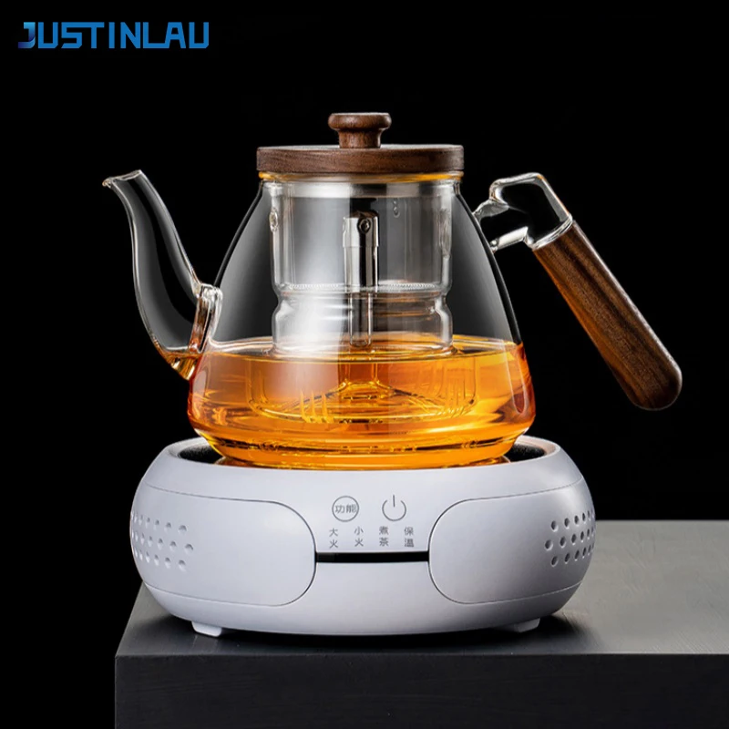 

JUSTINLAU Thickened Glass Teapot Heat-resistant Steaming and Boiling Water Kettle Home Brewing Teapot with Wood Handle＆Strainer