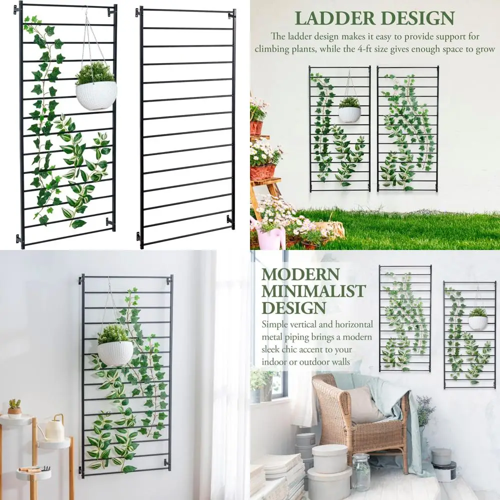 

Set of 2 Modern Matte Black Metal Wall Trellises, 4-Foot Tall Horizontal Bars for Outdoor Plant Support
