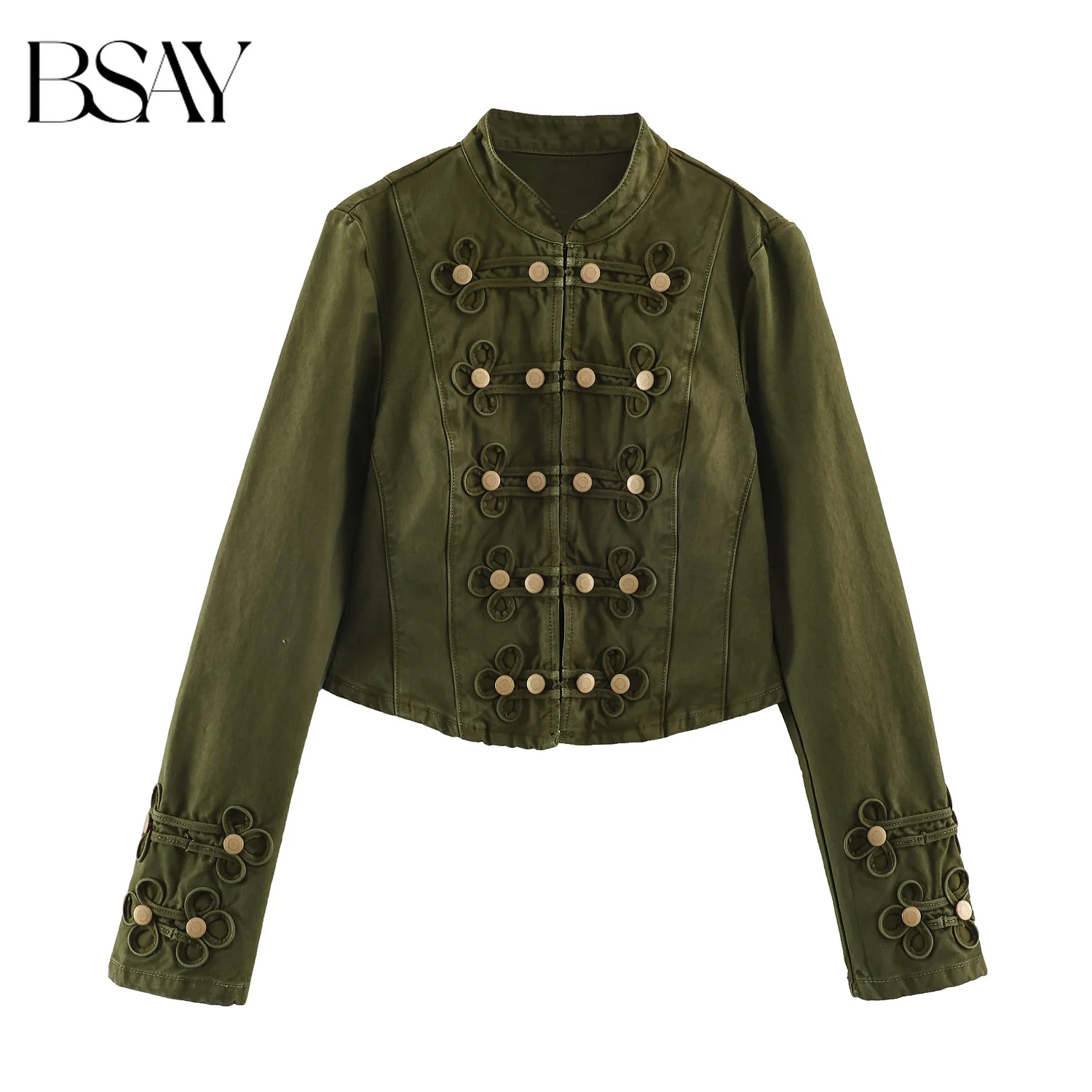 BSAY Autumn New Women Cropped Denim Jacket Stand Collar Frog Button Decor Long Sleeve Vintage Military Style Slim Outerwear Coat