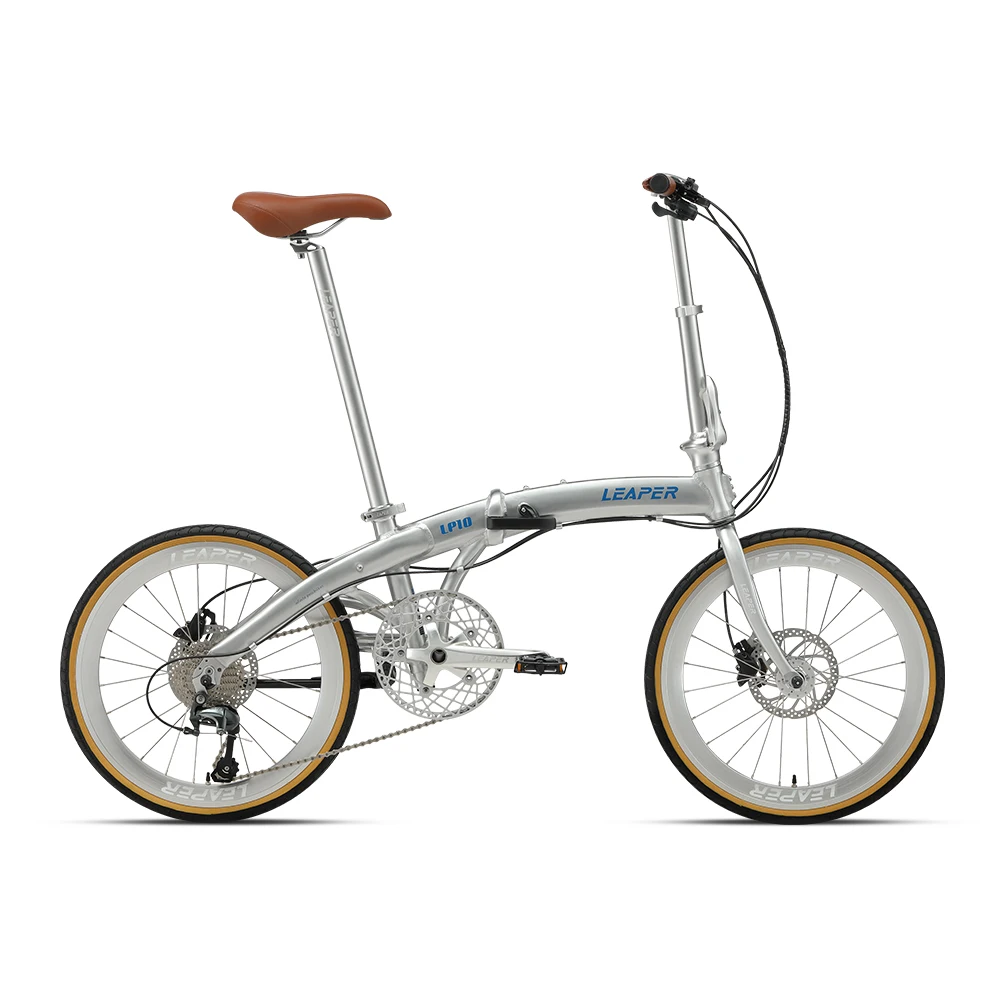 Brown Leather New 451mm Aluminum Alloy Shimano Hydraulic Disc Brakes 53T Foldable Pedals Folding Bike for Urban Commuting