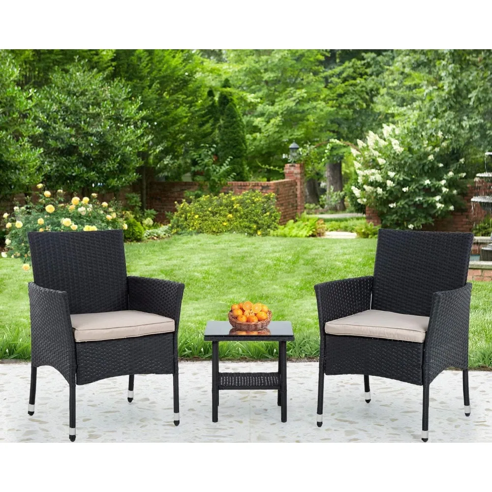 

3 Piece Furniture Patio Chairs Wicker Outdoor Rattan Conversation Bistro Set for Backyard Porch Poolside Lawn (Black) Chair