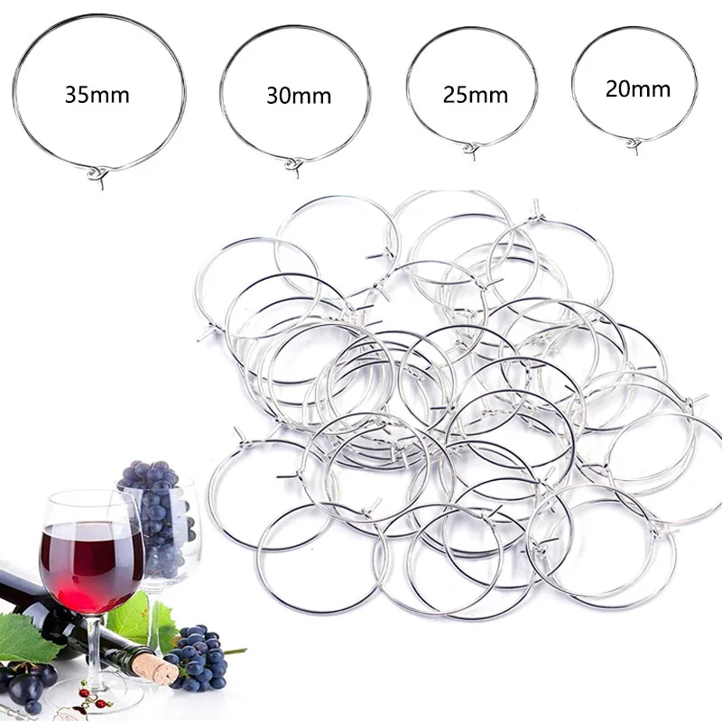 100pcs Wine Labeling Silver Metal Wine Glass Charm Rings Wire Hoops Drink Markers 20mm-35mm wine glass hoops