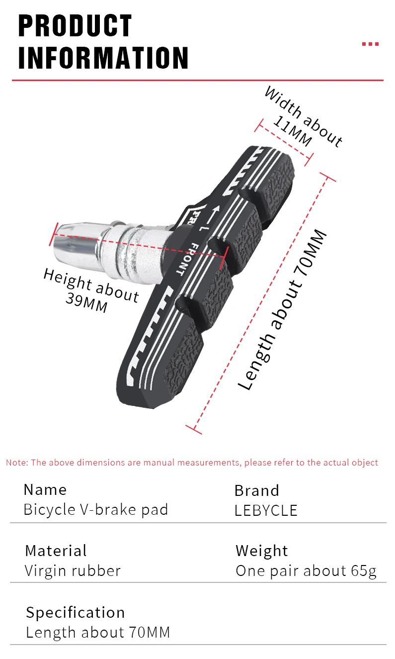 LEBYCLE MTB Rennrad V-Brake-Bremsbeläge Fahrrad-Bremsbacken 70mm 73mm Gewinde für Linealzugbremsen Alle Wetterbedingungen Geräuscharm – Detail 2