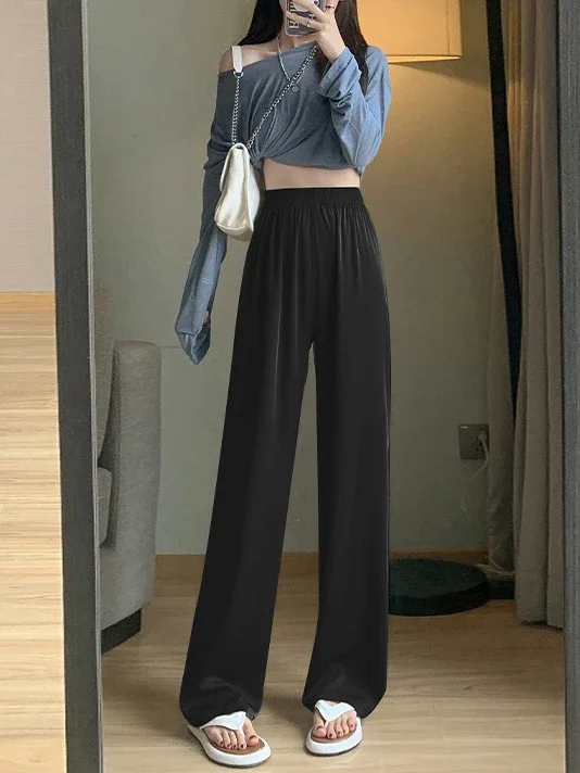 Ice Silk Satin Pants Women Fashion 2023 Casual  High Waist Satin Wide Leg Trousers Thin Summer Pants Floor Length Female Slacks