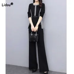 Female Elegant Slim Long Sleeve Spliced Tops Two Piece Sets Autumn Women's Clothing Fashion Casual High Waist Wide Leg Pants