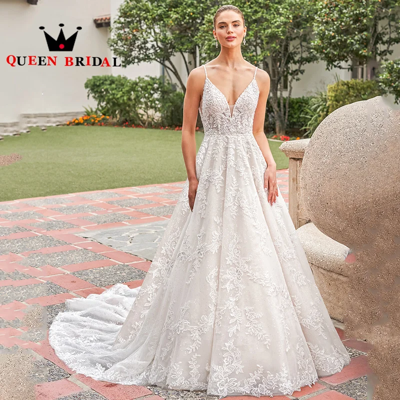 

Exquisite Appliques Sequined Beading Lace Wedding Dresses 2024 V Neck Spaghetti Straps Bridal Gown Vestidos De Novia Custom Y90H
