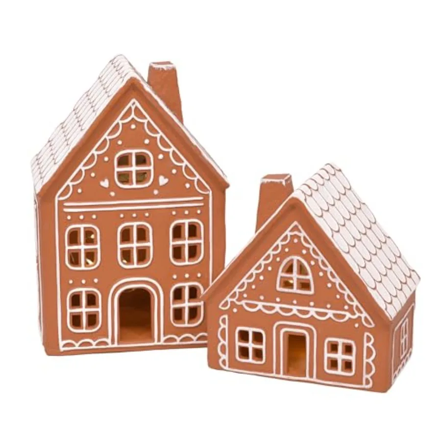 Ceramic Iced Gingerbread Houses Holiday Pre Lit LED Village Figurines Set of 2 9 Inch