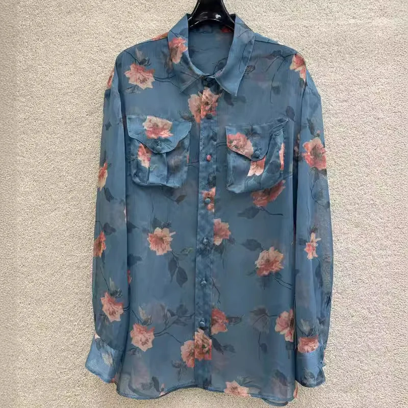 2024 high-quality floral print lapel shirt seaside lazy long-sleeved top