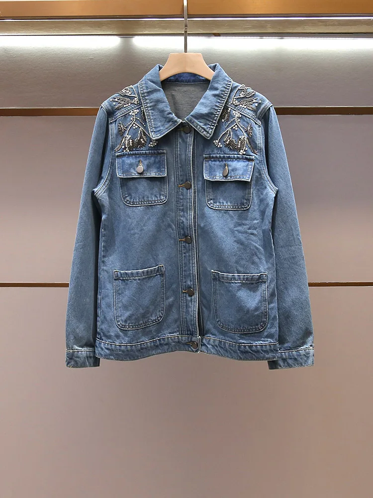 Withered Women's Spring New French Versatile Style Nail Bead Flip Collar Loose Cowboy Coat For Women