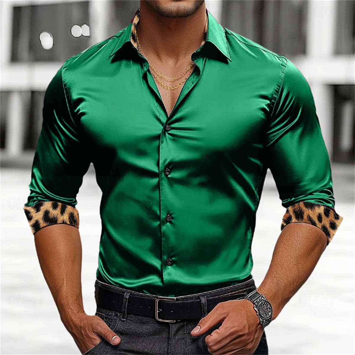 Men's casual and comfortable shirt, leopard print long sleeved shirt, daily vacation wear, lapel men's clothing, oversized