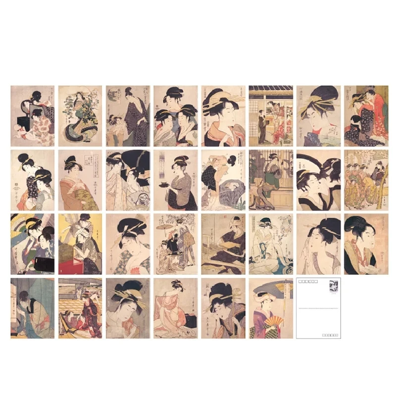 30Sheets/Box Japanese Famous Artists Katagawa Utamaro Artwork Postcard Ins Style Greeting Card Art Painting Post Card Gift Wish