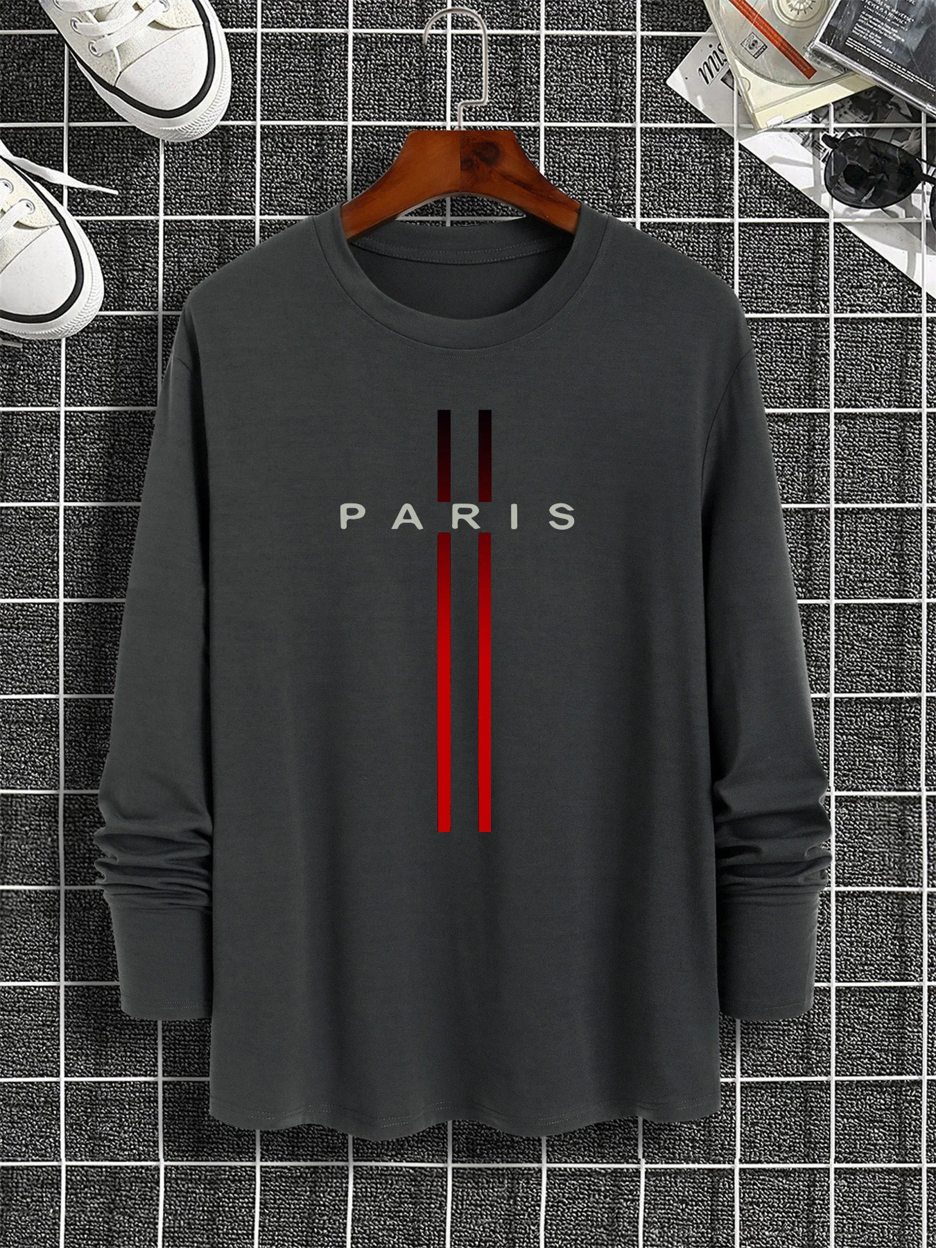 100% algodão puro masculino manga comprida em torno do pescoço solto casual paris padrão impresso primavera e outono versátil camiseta topo