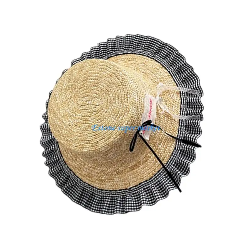 

090B Trendy Children's Fisherman Hat Fashionable Checked Hat with Pleated Edges and Butterfly for Stylish Outdoor