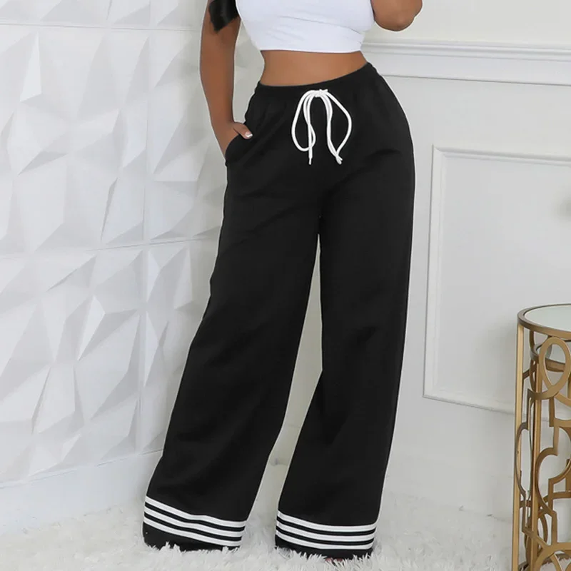 

Pocket Design Casual Striped Wide Leg Pants for Women