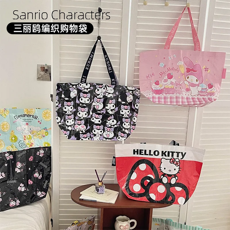 

Kawaii Hello Kitty Kuromi My Melody Large Capacity Woven Bag Anime Sanrio Girl's Heart Cute Folding Portable Shopping Bag